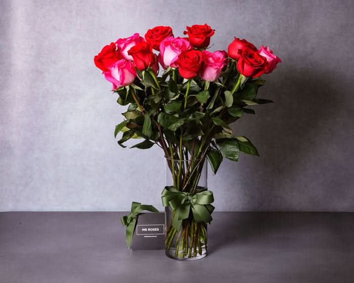 pink and red long stemmed red roses