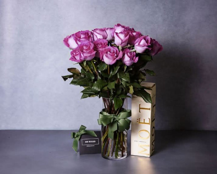 purple roses and moet champagne